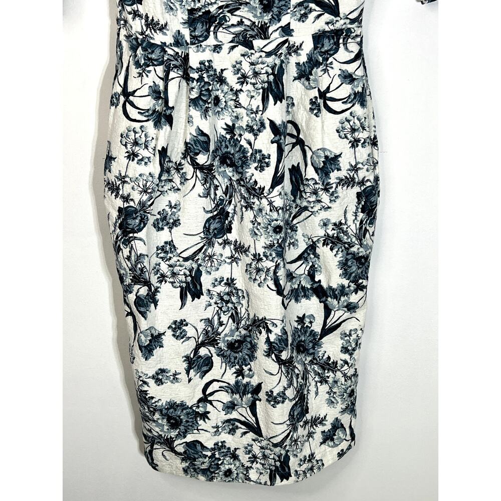 Asos White Blue Floral Fitted Pleats 3/4 Sleeves Pockets Cotton Midi Dress 8 - Picture 3 of 10